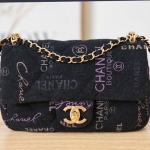 Chanel Black and Gold Shoulder Bag with Purple Accents